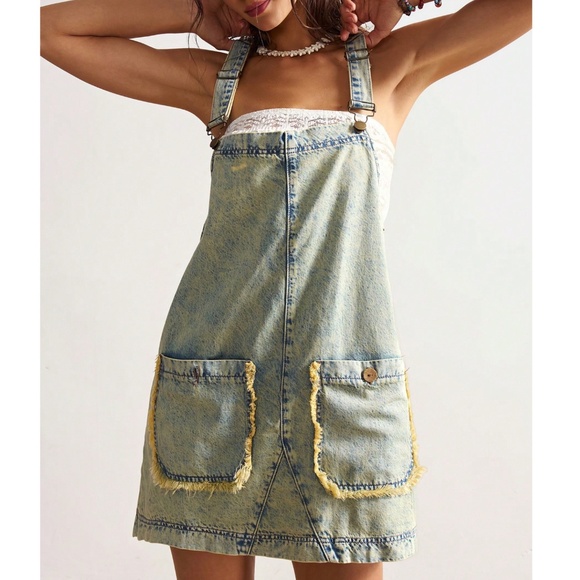 Boho Light Wash Frayed Pockets Denim Overalls Mini Dress - Picture 4 of 7